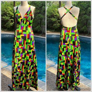 Vintage 1970s Geometric Print Swim Maxi Dress, Elizabeth Stewart Size XS